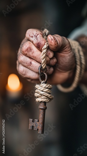 Bloody hands hold old key, rope bound, firelight