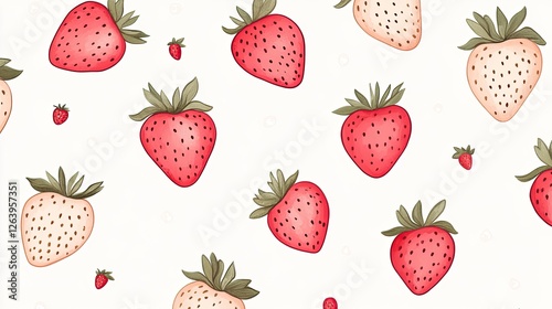 Pattern of strawberries on a light background, showcasing ripe and unripe fruit in a whimsical design