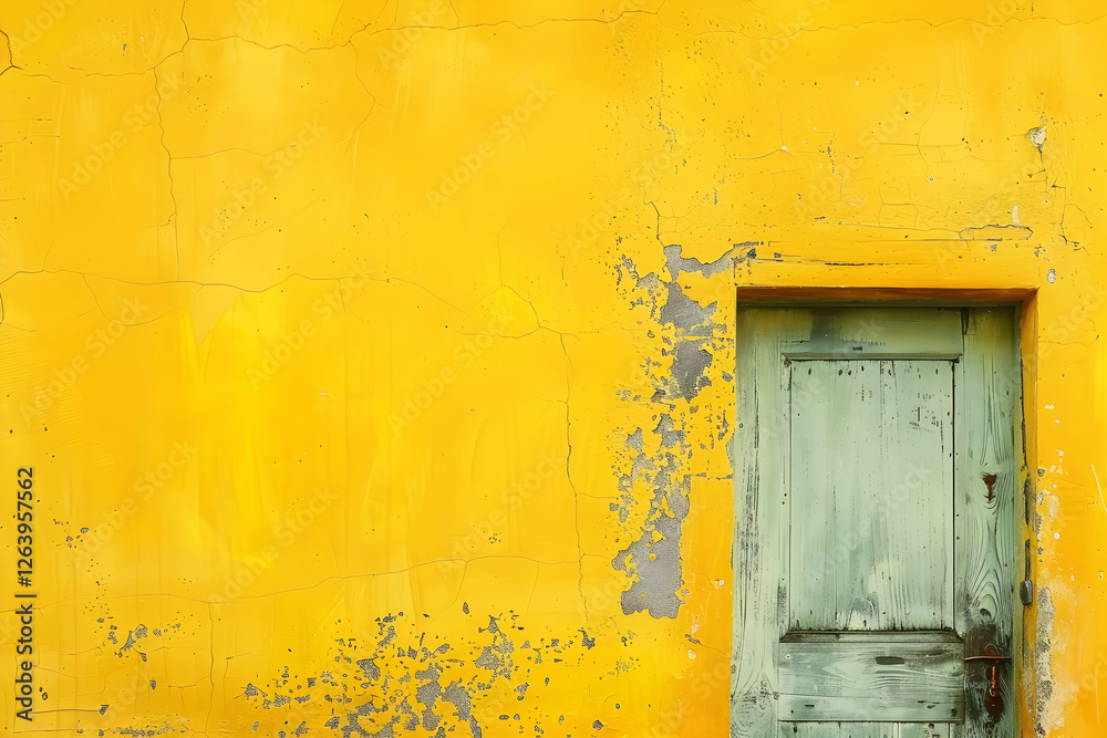 Naklejka premium Vibrant yellow wall with a weathered green door, showcasing peeling paint and rustic charm