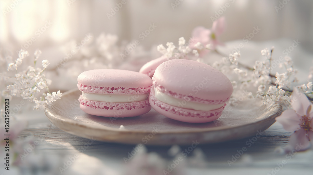 Obraz premium 桜色のマカロンと春の花 優雅なカフェスタイル