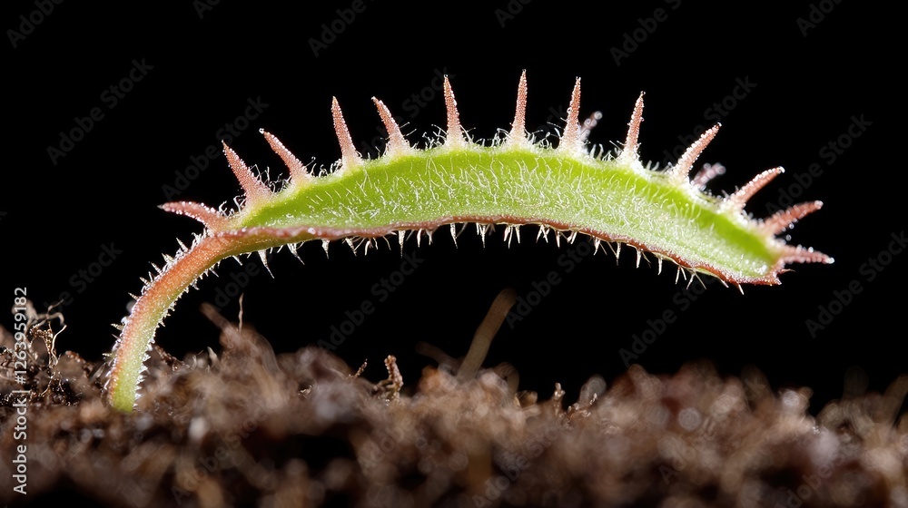 Naklejka premium Young Venus flytrap leaf, dark background, nature close-up, botany