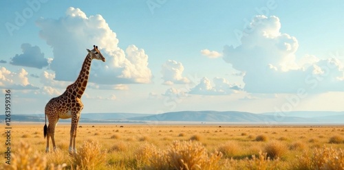 Towering giraffe standing in savannah landscape, giraffe, african plains, safari