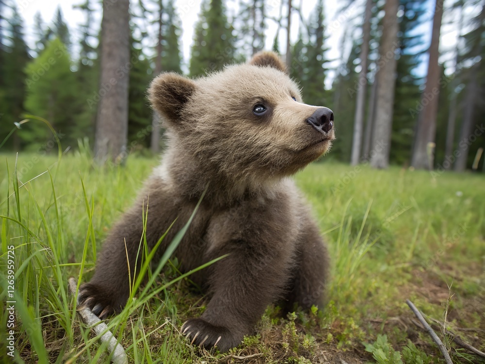 Playful Brown Bear Cub in a Lush Forest Meadow Playful Brown Bear Cub in a Lush Forest Meadow