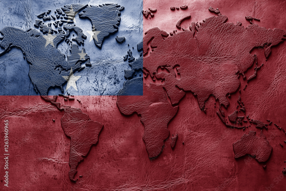 Fototapeta premium Flag of Samoa on the ancient leather old world map . Adventure concept. Macro shot. Generative Ai