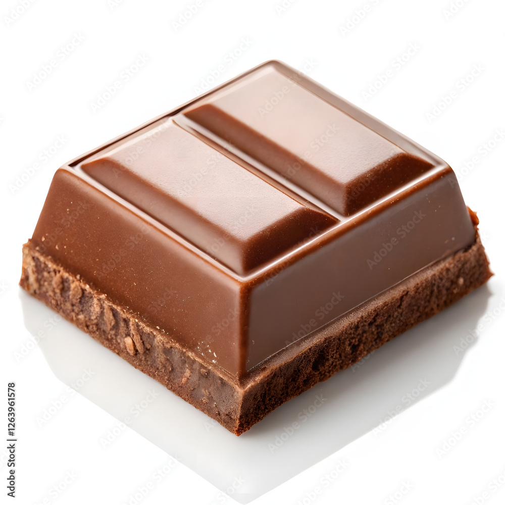 Chocolate square with a bottom layer on a white reflective surface, enticing and sweet delicacy. Chocolate square with a bottom layer on a white reflective surface, enticing and sweet delicacy.