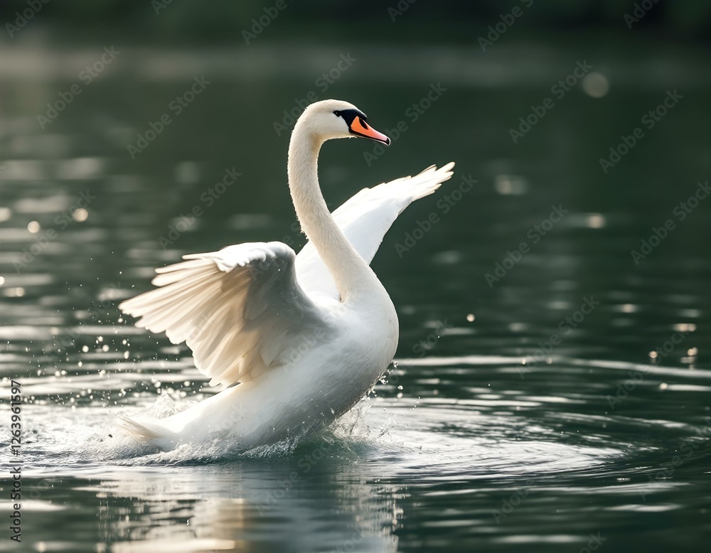 Naklejka premium Swan Flapping Wings on Lake Water at Sunset