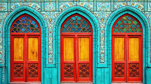 Vibrant architectural facade featuring ornate doors and intricate tile work in a lively urban setting