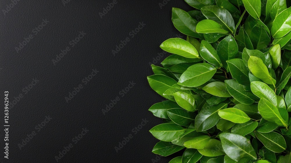 Fototapeta premium Fresh green leaves on dark background (2)