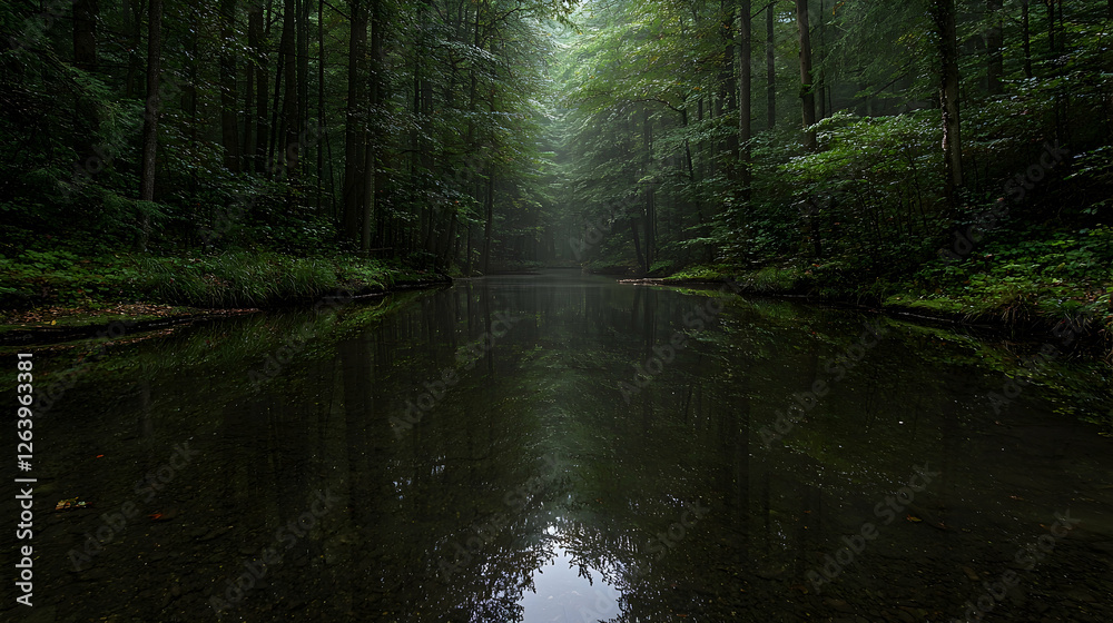 Obraz premium Serene forest stream, misty morning, tranquil reflection, nature wallpaper