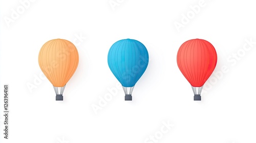 Three colorful hot air balloons floating against a clean white background, symbolizing adventure