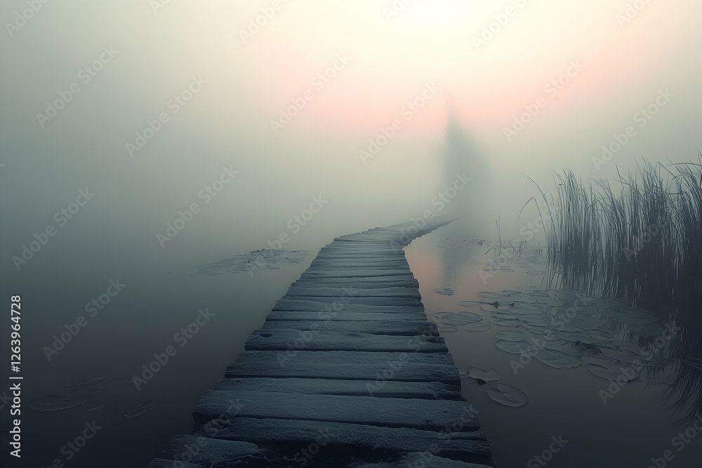 Obraz premium Mysterious wooden path stretching into a misty lake at dawn, an ethereal figure appears in the distance. Perfect for fantasy, mystery, or suspense themes.
