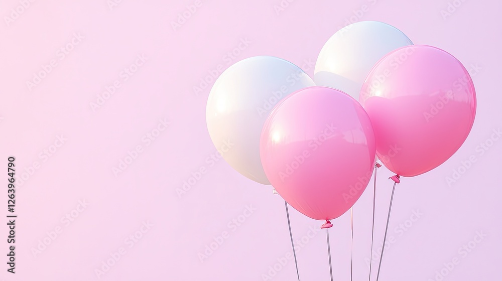 Colorful balloons in soft pastel hues floating against a dreamy pink background, evoking celebration