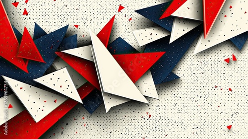 Abstract composition of red, white, and blue triangular shapes on a textured background