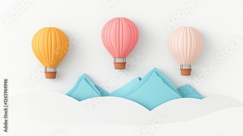 Colorful hot air balloons floating above stylized mountains with a serene background