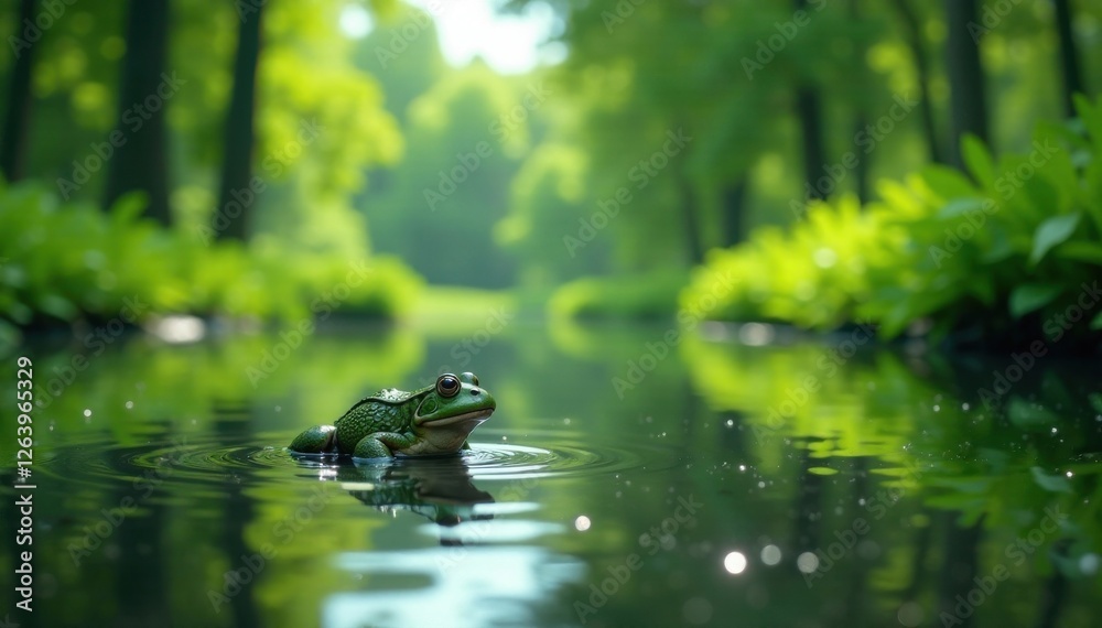Frog in a serene lake surrounded by lush greenery and tall trees, peaceful, greenery Frog in a serene lake surrounded by lush greenery and tall trees, peaceful, greenery