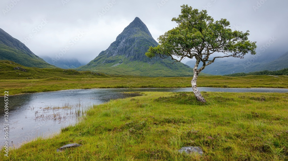 Fototapeta premium Misty Highland Landscape with Lone Tree