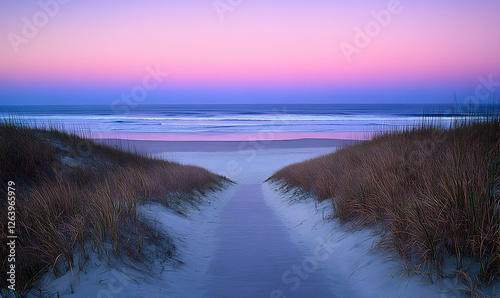 Serene beach scene at sunset, path through dunes leading to ocean, pastel sky.