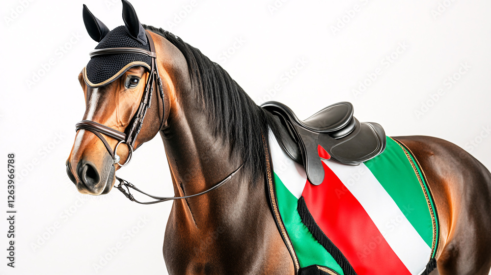 UAE National Day: Close-Up of Arabian Horse with Flag Saddle on White Background, Ultra-Realistic Detail UAE National Day: Close-Up of Arabian Horse with Flag Saddle on White Background, Ultra-Realistic Detail