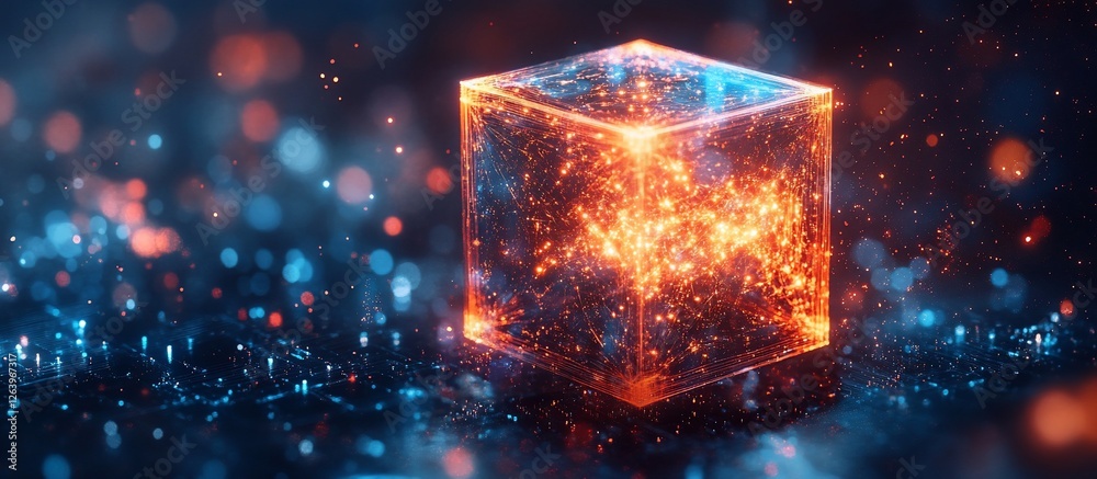 Obraz premium Glowing cube surrounded by vibrant particles in a futuristic digital environment