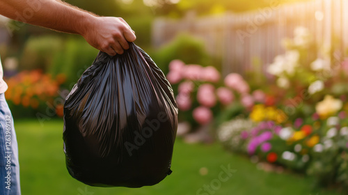 Fototapeta Naklejka Na Ścianę i Meble -  person holding black garbage bag in garden filled with colorful flowers, symbolizing cleanliness and responsibility