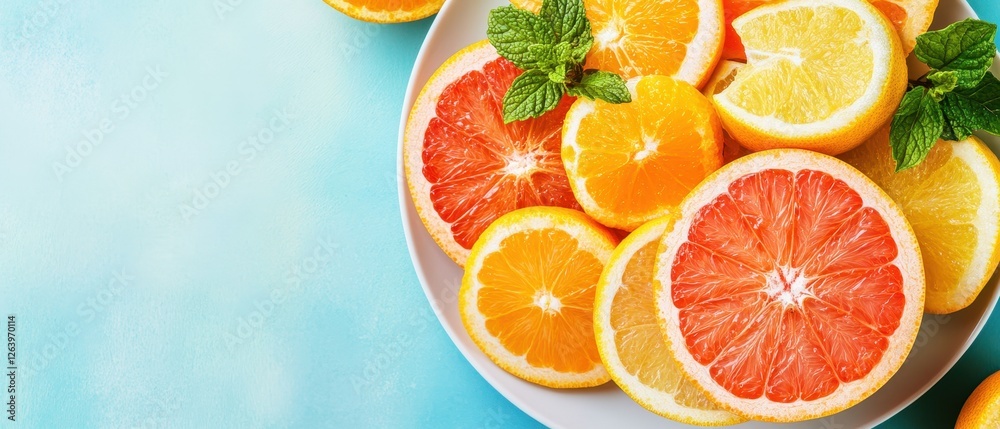 A vibrant assortment of citrus fruits including oranges, lemons, and grapefruits, garnished with fresh mint leaves on a blue background. A vibrant assortment of citrus fruits including oranges, lemons, and grapefruits, garnished with fresh mint leaves on a blue background.