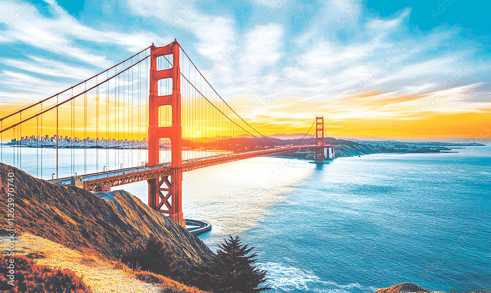 Fototapeta premium Golden Gate Bridge at sunset, stunning vista of San Francisco skyline and Pacific Ocean. Iconic landmark, travel, California.