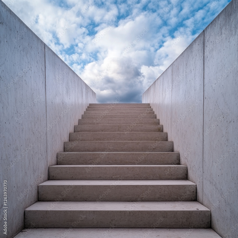 concrete staircase leads upward against backdrop of cloudy skies, creating sense of elevation and perspective. minimalist design emphasizes structure clean lines and modern aesthetic concrete staircase leads upward against backdrop of cloudy skies, creating sense of elevation and perspective. minimalist design emphasizes structure clean lines and modern aesthetic