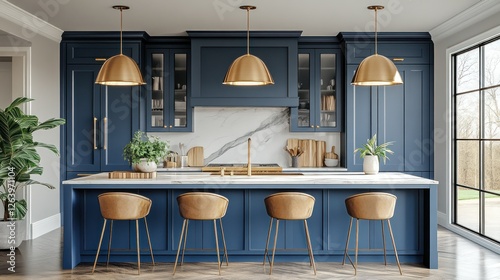 Luxury blue kitchen island, gold accents, garden view, home design