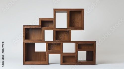 Modern Wooden Shelving Unit Against White Background (2) photo