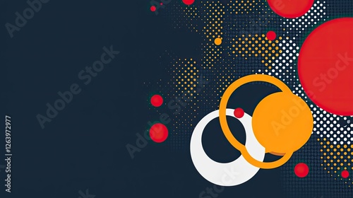 Abstract composition featuring colorful circles and dots on a dark background, suitable for modern design