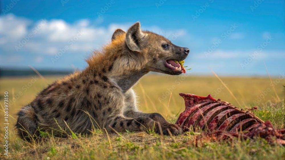 Obraz premium Little Hyena Enjoying a Zebra Snack in the Wild - Captivating Wildlife Food Photography, Hyena Eating, African Savanna, Nature, Animal Behavior, Predator and Prey Dynamics, Wild Animals
