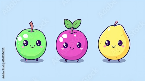 Cute cartoon fruits with smiling faces on a pastel blue background, ideal for children's designs