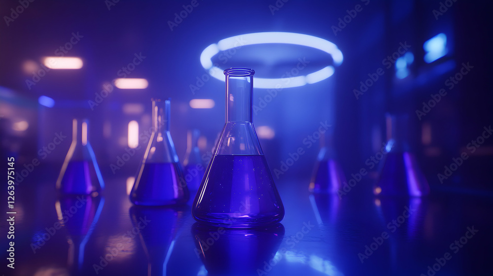Ethereal blue liquid in laboratory Erlenmeyer flasks under neon light. Scientific research, experiment concept. Ethereal blue liquid in laboratory Erlenmeyer flasks under neon light. Scientific research, experiment concept.