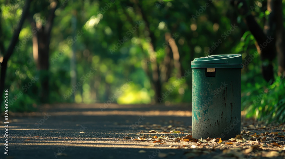 green metal trash bin stands alone on path surrounded by lush greenery, inviting visitors to keep park clean and enjoy nature beauty green metal trash bin stands alone on path surrounded by lush greenery, inviting visitors to keep park clean and enjoy nature beauty