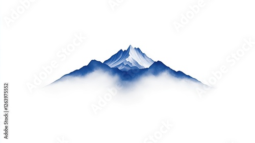 Majestic mountain peak rising above soft clouds in a serene white background, ideal for nature themes