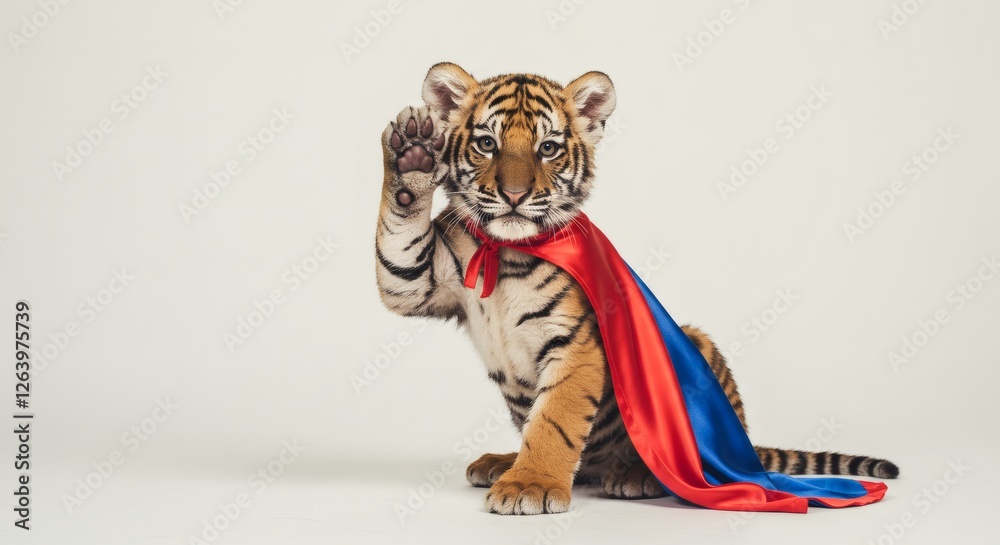 Fototapeta premium Adorable Baby Tiger in Vibrant Superhero Cape Strikes Heroic Pose
