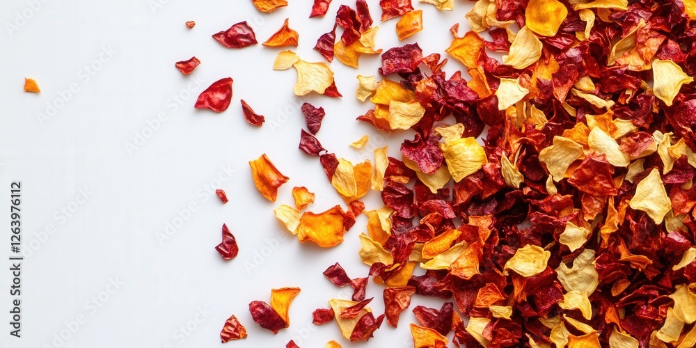 A vibrant array of dried red and yellow hibiscus petals cascades elegantly across a pristine white canvas. Overlapping randomly, they create an organic tapestry of vivid hues and delicate textures A vibrant array of dried red and yellow hibiscus petals cascades elegantly across a pristine white canvas. Overlapping randomly, they create an organic tapestry of vivid hues and delicate textures