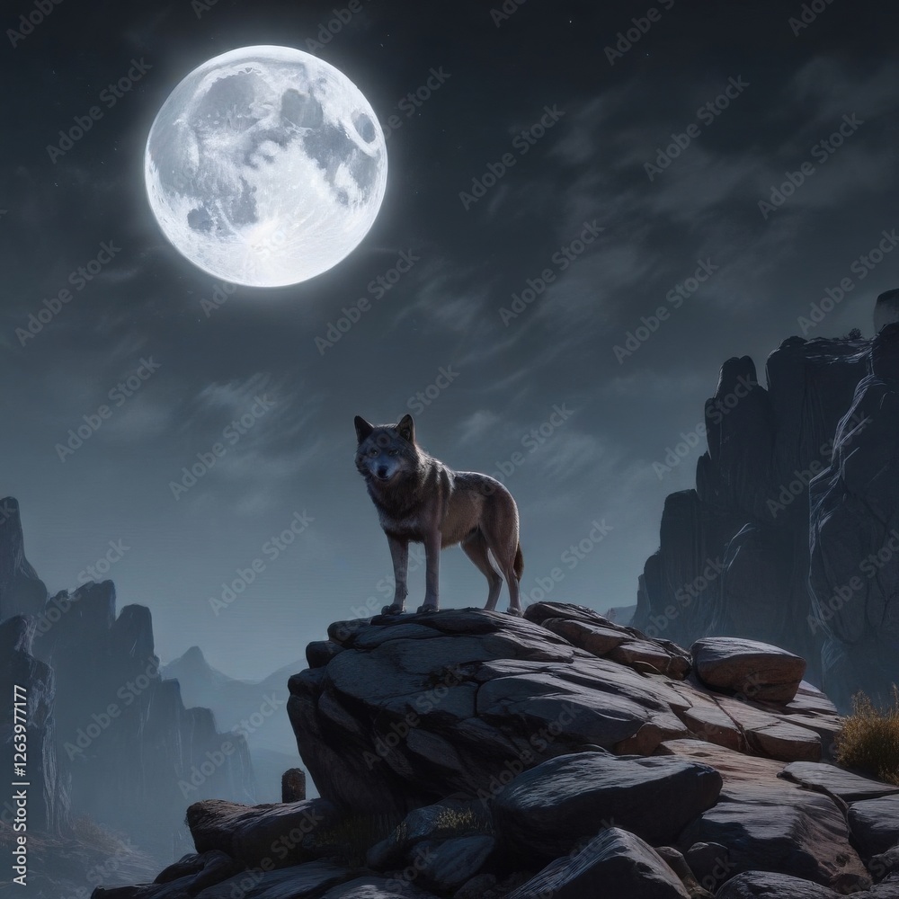 Full moon illuminated landscape with a lone wolf standing atop a rocky outcropping, nature, wolf, nighttime Full moon illuminated landscape with a lone wolf standing atop a rocky outcropping, nature, wolf, nighttime