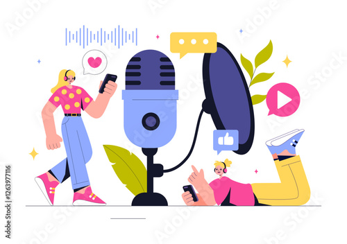 Podcast Vector Illustration featuring People Using Headsets to Record Audio, a Host Interviewing a Guest, or an Online Show with a Microphone