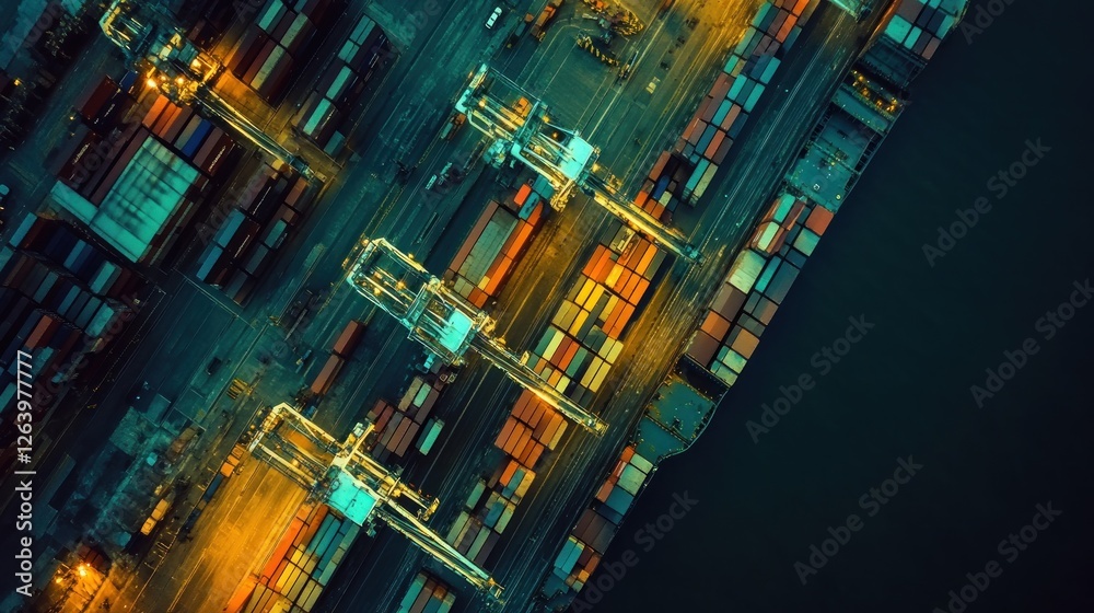 Aerial view of a busy shipping port with containers and cranes illuminated at night. Aerial view of a busy shipping port with containers and cranes illuminated at night.
