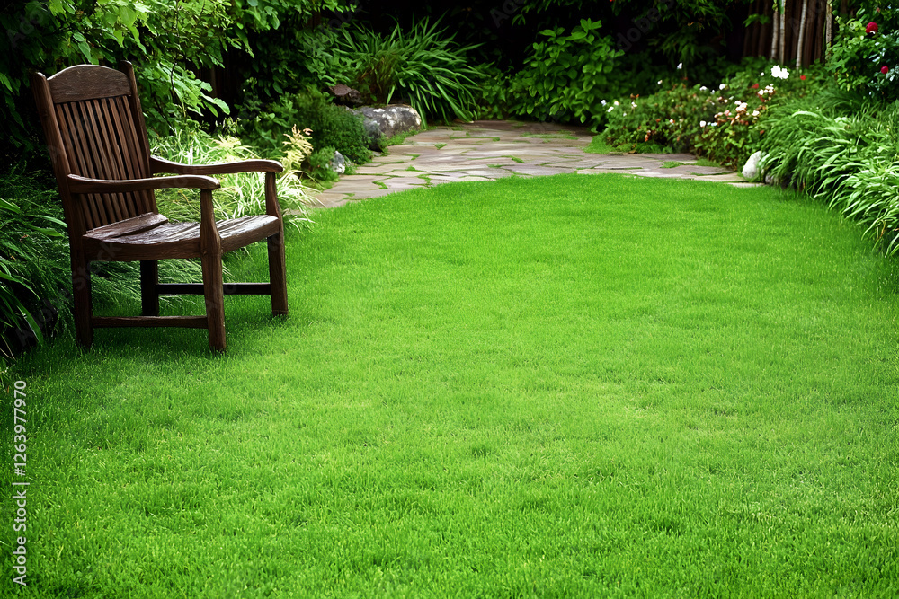 Serene garden scene featuring a wooden chair on lush green lawn, stone pathway, and vibrant flora. Perfect for relaxation, tranquility, and outdoor living themes. Serene garden scene featuring a wooden chair on lush green lawn, stone pathway, and vibrant flora. Perfect for relaxation, tranquility, and outdoor living themes.
