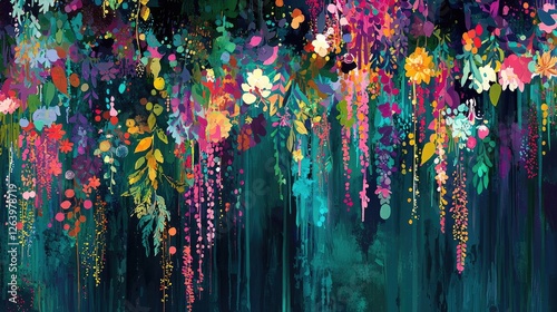 Vibrant floral illustration with cascading flowers and foliage against a dark background, ideal for decor