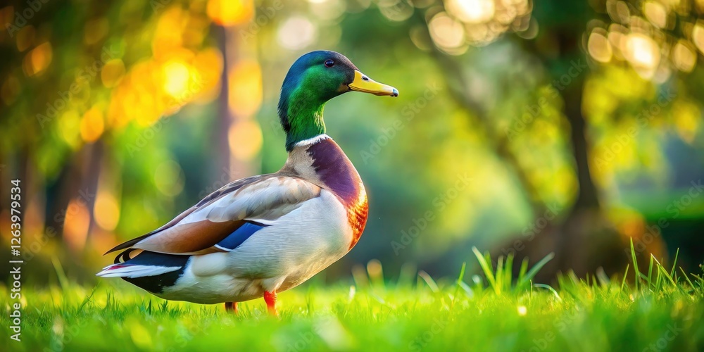 Obraz premium Mallard Duck in Park - Candid Photo - Green Grass - Wildlife Photography