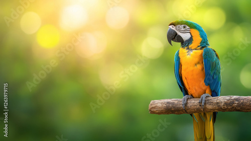 vibrant macaw parrot perched on branch, showcasing its striking blue and yellow feathers against blurred green background. scene evokes sense of tranquility and beauty in nature
