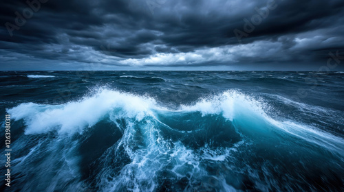 dramatic ocean scene with turbulent waves and dark storm clouds. powerful waves crash against each other, creating sense of movement and intensity in atmosphere