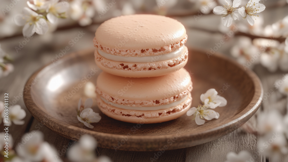Fototapeta premium 桜色のマカロンと春の花 優雅なカフェスタイル