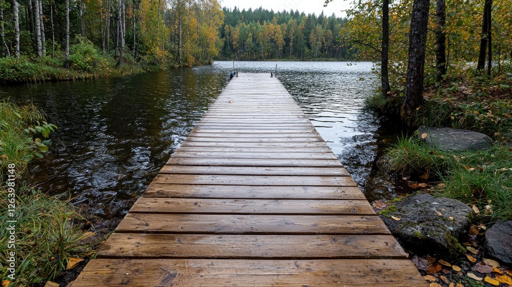 Fototapeta premium Wooden pier extends into a calm lake surrounded by autumn forest during daytime.