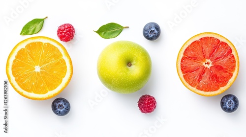 Fresh and vibrant fruits arranged artistically on a white background with leaves and berries