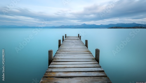 Peaceful wooden pier on tranquil lake, mountains in soft background