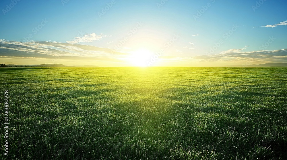Serene sunset over vast green field, peaceful landscape, nature background, ideal for travel brochures Serene sunset over vast green field, peaceful landscape, nature background, ideal for travel brochures